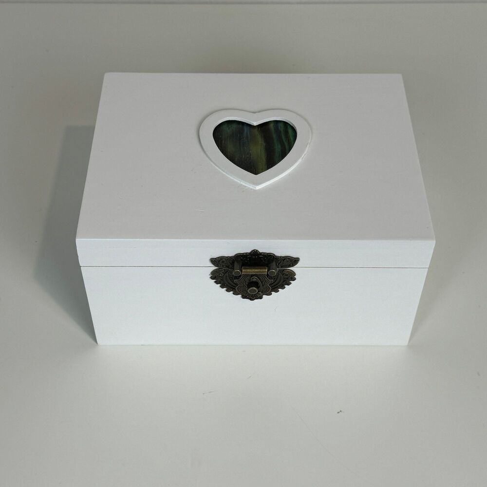 Hand-painted Wood-burned Heart White Jewelry Keepsake Box 8.5x6.5x4.5 White